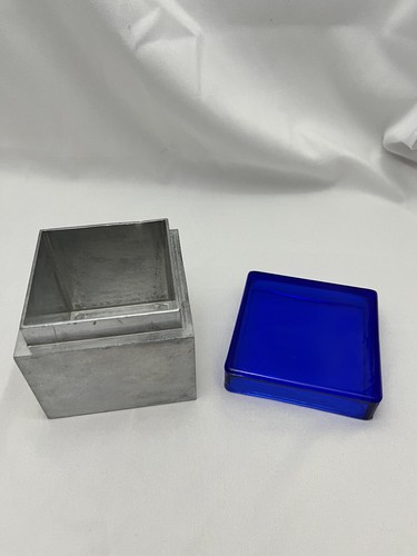 Vintage Design Ideas By Hardy 1996 Metal Trinket Jar With Cobalt Blue Glass Lid - Picture 3 of 12