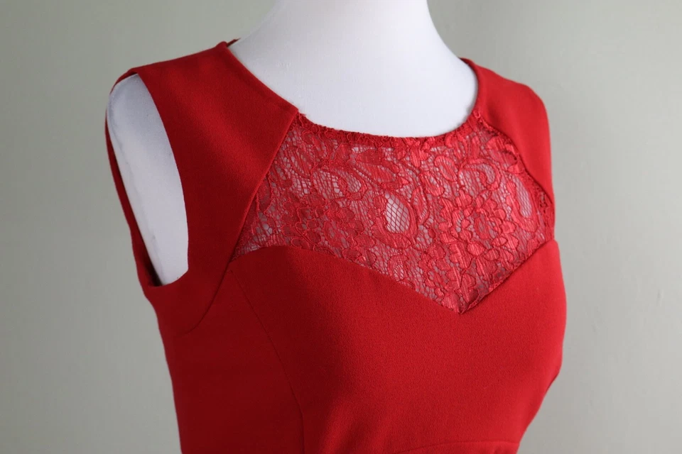 ANTONIO MELANI $159 Solid Red Sheer Lace Yoke Shift Heart Neckline Dress Size 0 - Image 3 of 4