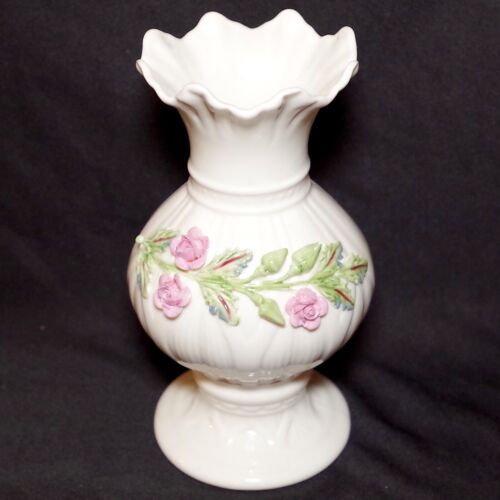 Belleek Ribbon Spill Vase with Applied Pink Roses Green Mark - Picture 1 of 8