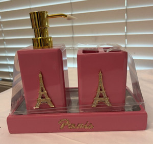 NEW Avery Bath 3 Piece Set (dispenser, toothbrush holder, tray), Paris, Pink