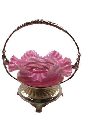 Antique Czechoslovakia Cranberry Opalescent Swirl Brides Basket With Silver-Plat