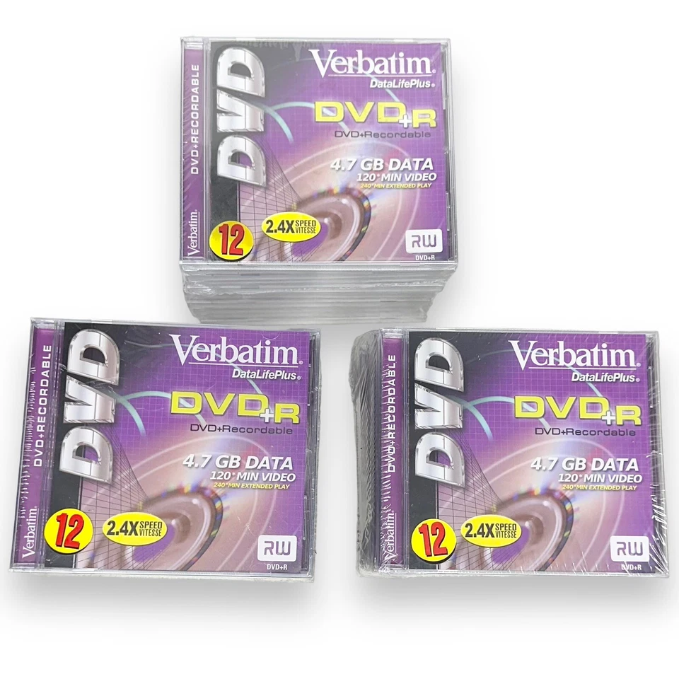 Verbatim DVD + R Recordable 4.7 Gb Video Discs With Jewel Cases Lot Of 36 Sealed - Image 2 of 4