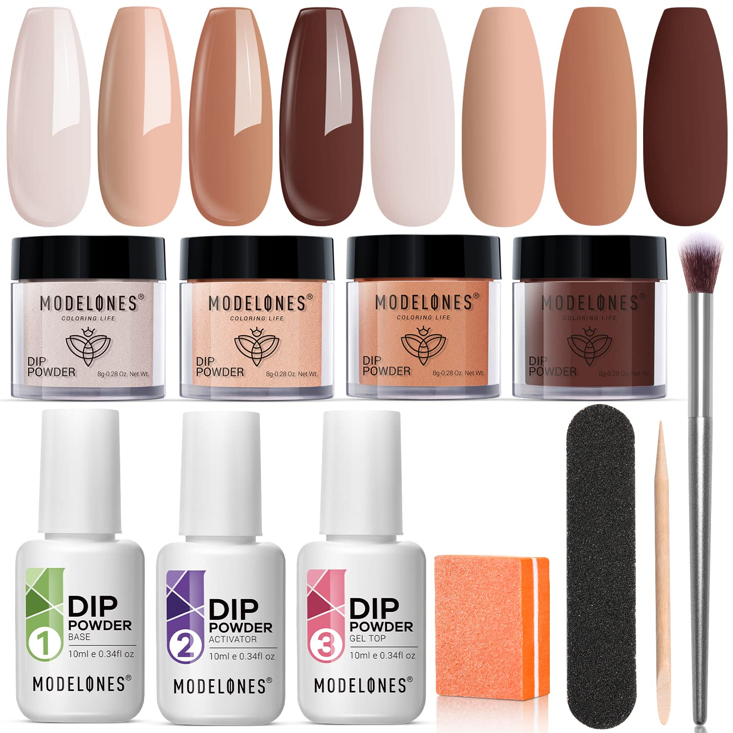 Dip Powder Nail Kit Starter Set with 4 Brown Nude Skin Tone Colors & Liqui Dip