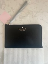 Kate Spade Staci Medium L-Zip Wristlet Saffiano Leather Black/Gold New w/ Tags