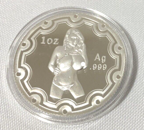 Naughty 1 Troy Oz .999 Silver Round Sexy Take Your Clothes Off  Poker Chip - Afbeelding 1 van 6