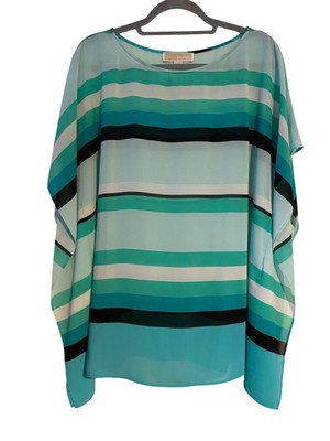 Michael Kors Womens Striped Sheer Top L/XL Turquoise & Black Flowy Artsy Blouse
