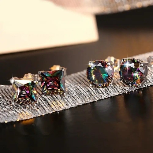 2 Pair Rainbow Mystical Fire Topaz Fashion Stud Earrings - Picture 2 of 6