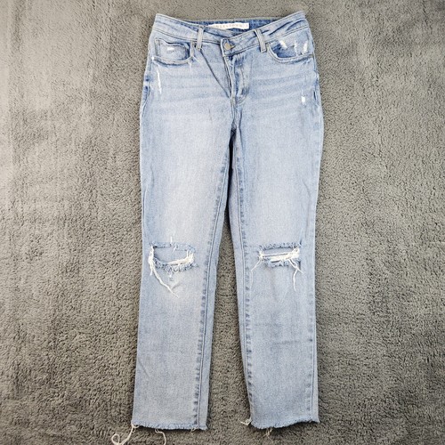 TinselTown Jeans Womens 5 Blue Angled Button Fly High Rise Fray Hem Ripped Knees