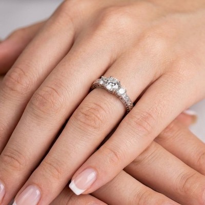14K Gold 3-Stone Engagement Ring Vintage 0.91 CT Round Lab-Grown Diamond D VS1