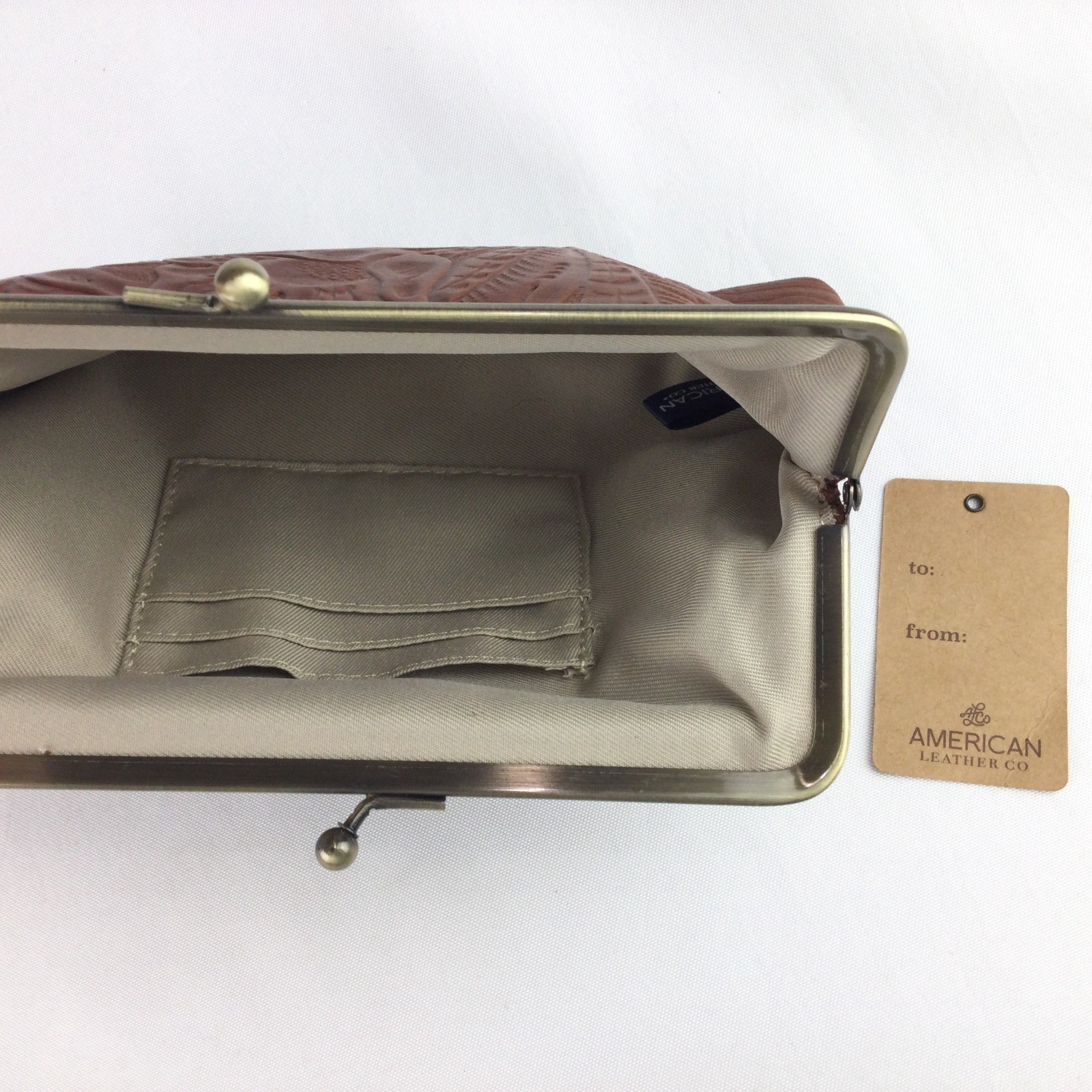 American Leather Co Bag Brown Clutch Purse Tooled Emboss Leather Kiss Clasp 9x7"