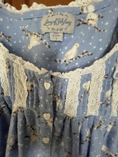 Lanz of Salzburg Womens L Cotton Flannel Nightgown Blue White Doves Hearts Lace