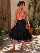 Vintage Black Crinkle Midi Skirt Floral Hem Boho Cottagecore