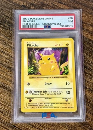 Pokemon 1999 Shadowless Base Set Pikachu (Red Cheeks) 58/102 Near Mint PSA 7