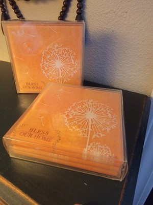 NOS Vtg Harvest Bless Our Home Dandelion Glass Coasters Silicone Feet 2 Packs 