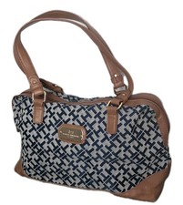 Tommy Hilfiger Blue Logo Pattern Hand Bag Burse Tote Brown Trim