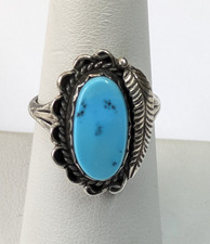 VTG Sterling Silver Leaf Native 5/8" Oval Turquoise Cabochon Sz 8 Ring 4.3g