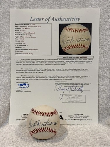 VINTAGE Ted Williams AUTOGRAPHED OAL (Budig) Baseball, Boston Red Sox JSA LETTER