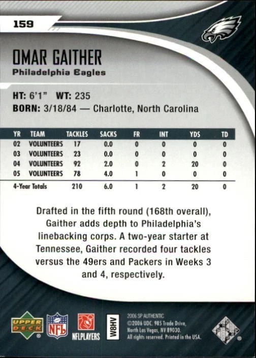 A7893- 2006 SP Authentic #159 Omar Gaither RC /1399 - Image 2 of 2