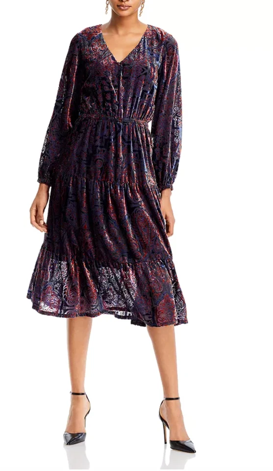 T Tahari Plus 2X Vestido Midi Campesino Boho Campesino Paisley Burnout Terciopelo En Niveles para Mujer Foto 4 de 4