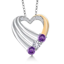 925 Silver and 10K Yellow Gold Amethyst and White Created Sapphire and White