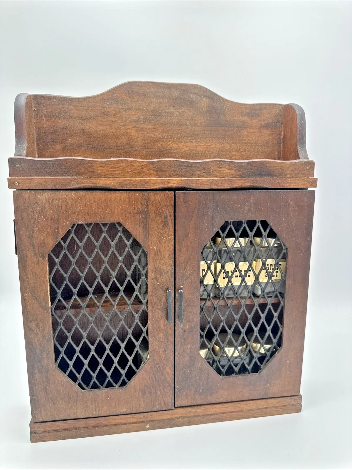 Vintage Wooden Spice Rack Cabinet Jars Labels
