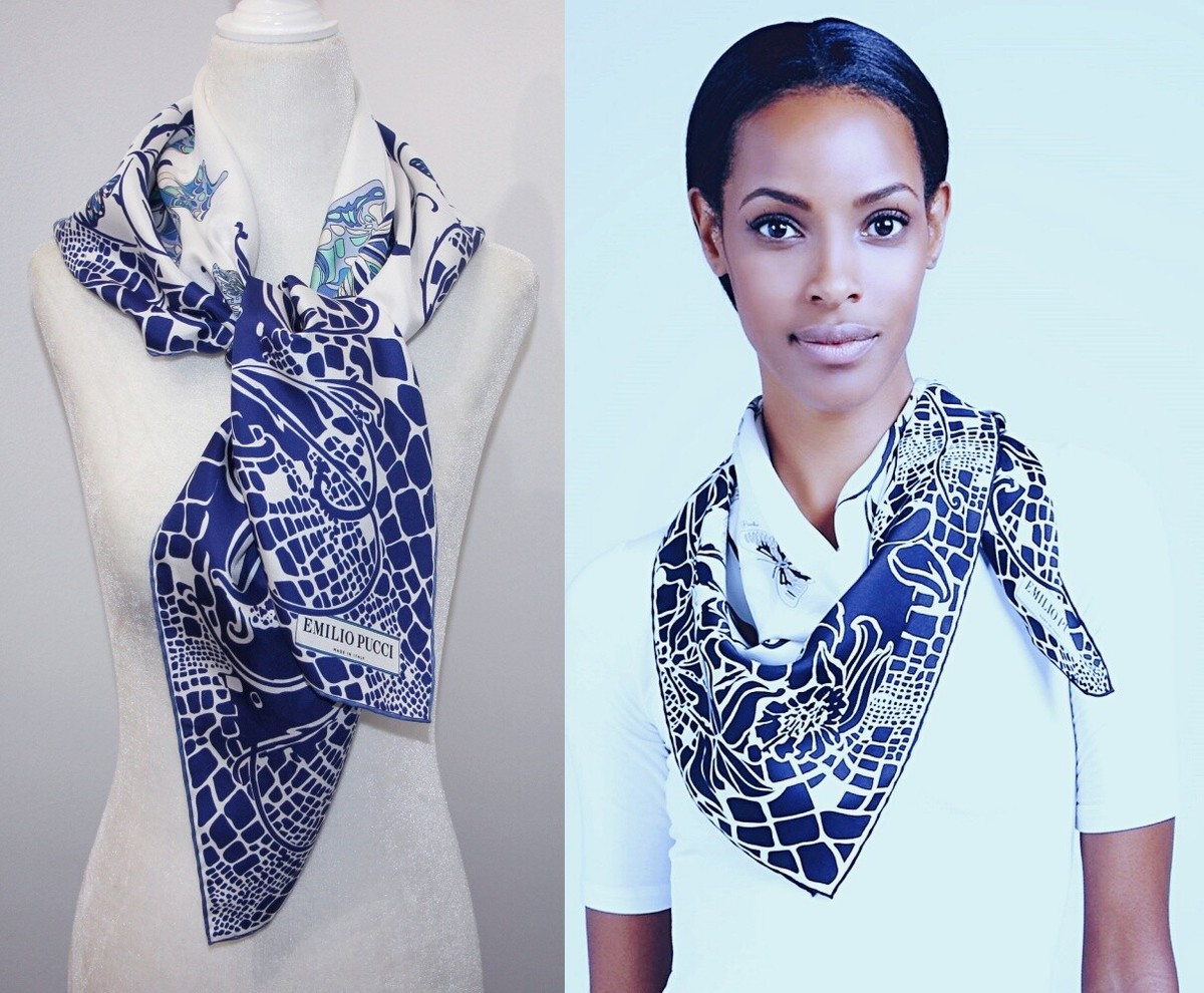 EMILIO PUCCI Butterfly Print Silk Twill Scarf Foulard Navy 35