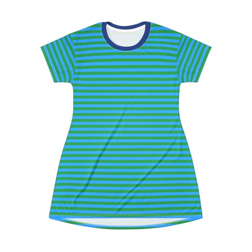Blue T-Shirt Dress Green Dark Blue Stripe Short Sleeve Preppy Pinstripe - Picture 3 of 25
