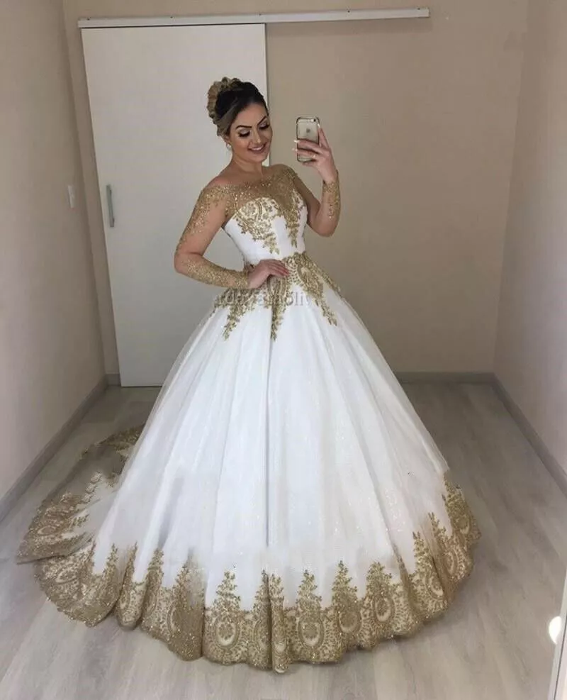 white and gold wedding dress