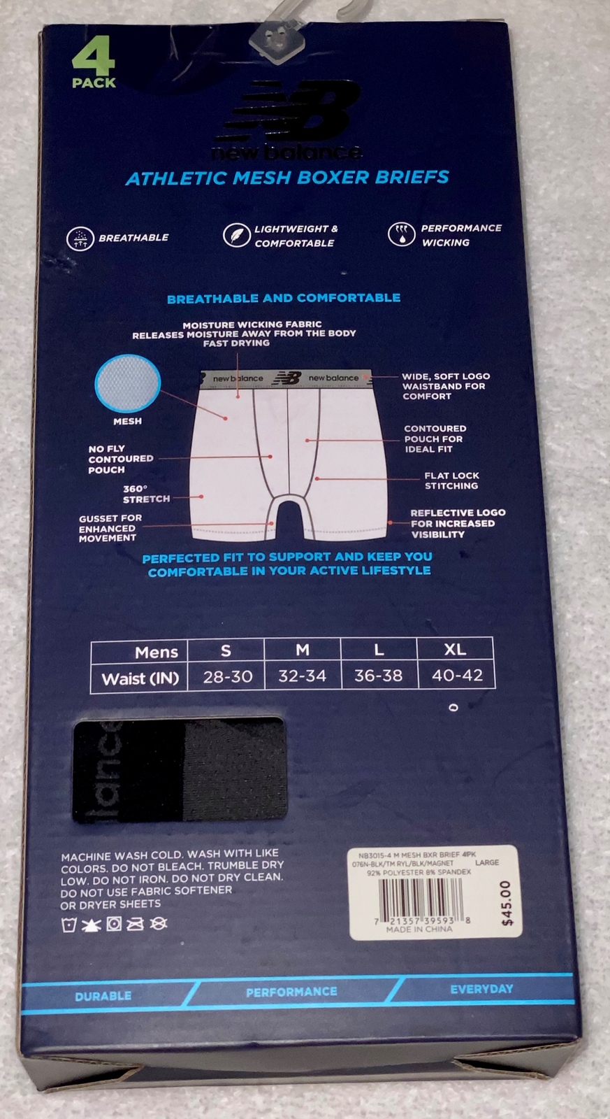 NEW BALANCE Athletic Mesh 4 Pk Black Blue Grey Boxer Briefs Underwear