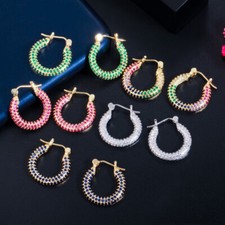 Gold CZ Multicolor Rose Red Small Round Hoop Earrings for Women Korean Jewelry