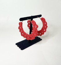 Crochet Lace Large Hoop Earrings Coral Cotton Yarn Handmade Gold Hoops