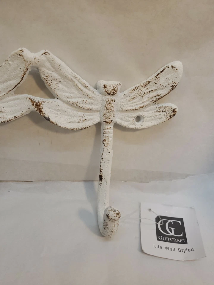 Dragonfly 3 Hook Cast Iron Wall Piece12.75" L Distressed White Rustic Heavy Duty - Изображение 2 из 4