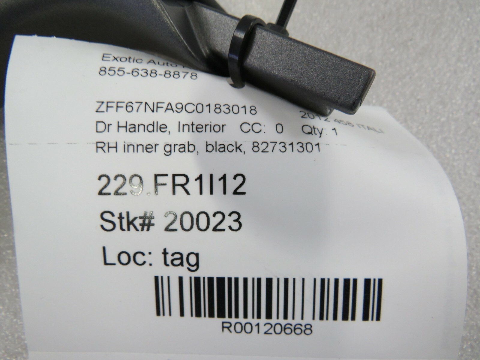 Ferrari 458 Italia, RH, Right Inner Door Grab Handle, Black, Used, P/N 82731301