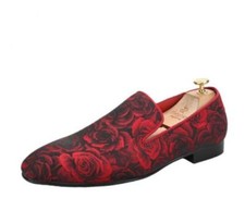 Men's Fashion British Round Toe Flowers Printed Slip On Loafers Leather Shoes