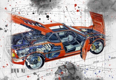Line Tech Zeichnung BMW M1 rot Cutaway Kunst Poster Druck