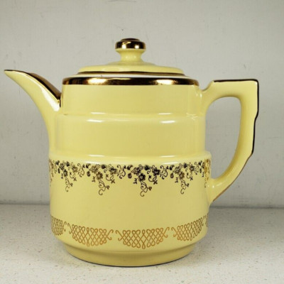 Vtg Large Superior Hall's Glazed Pottery Yellow Teapot Gold Colored Trims 8''