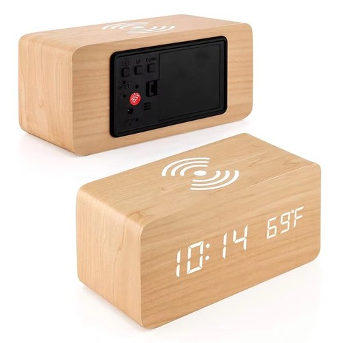 Sveglia da comodino digitale in legno LED Qi ricarica wireless batteria USB 3 sveglia - Foto 10 di 10