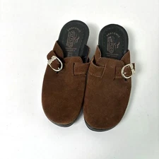 Fly Flot Mules Womens 37 US 5.5 Brown Suede Leather Clogs Buckle Wedge Comfort
