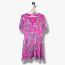 Hush Paisley Print Mini Dress Size UK 10 Womens Pink V Neck Polyester