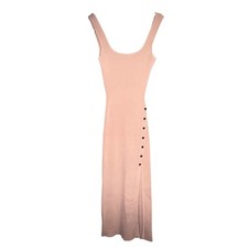 Windsor Taupe Ribbed Knit Bodycon Midi Dress Side Slit Gold Button Detail M