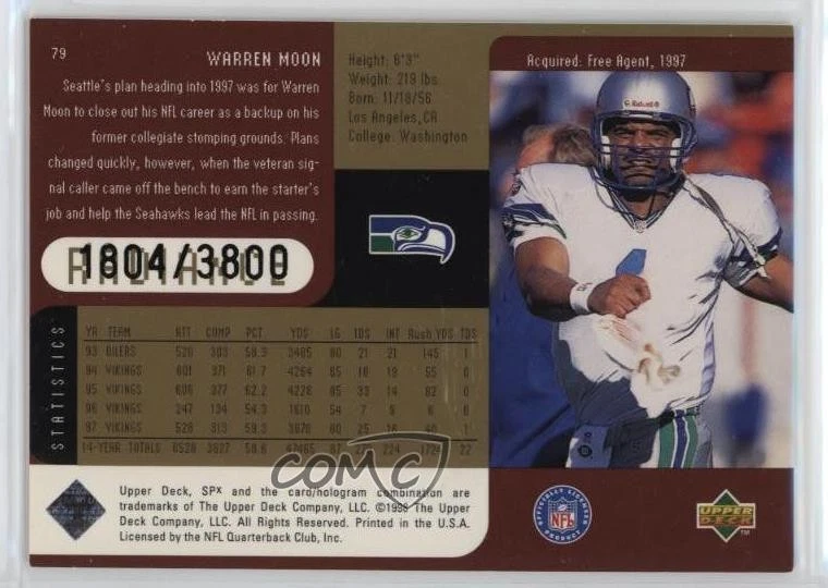 1998 Upper Deck SPx Finite Radiance /3800 Warren Moon #79 HOF - Image 2 of 2