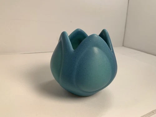 vintage van briggle art matte turqvoise blue tulip shape vase