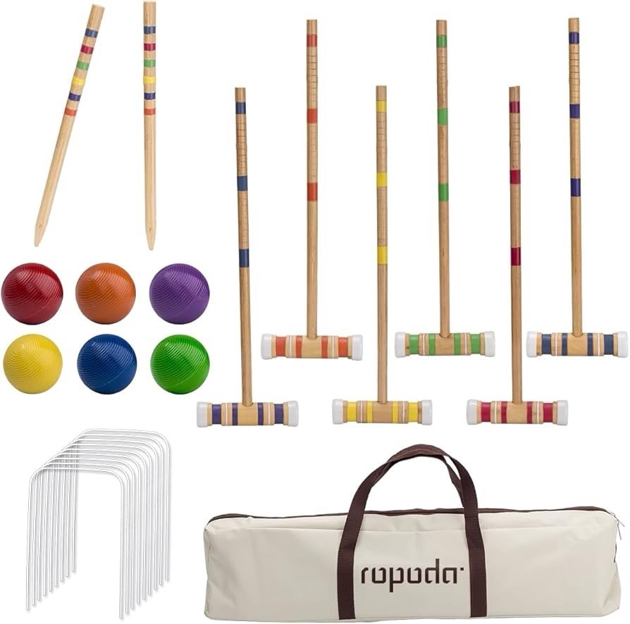 ropoda Six-Player Croquet Set with Wooden Mallets, Colored Balls, Sturdy...