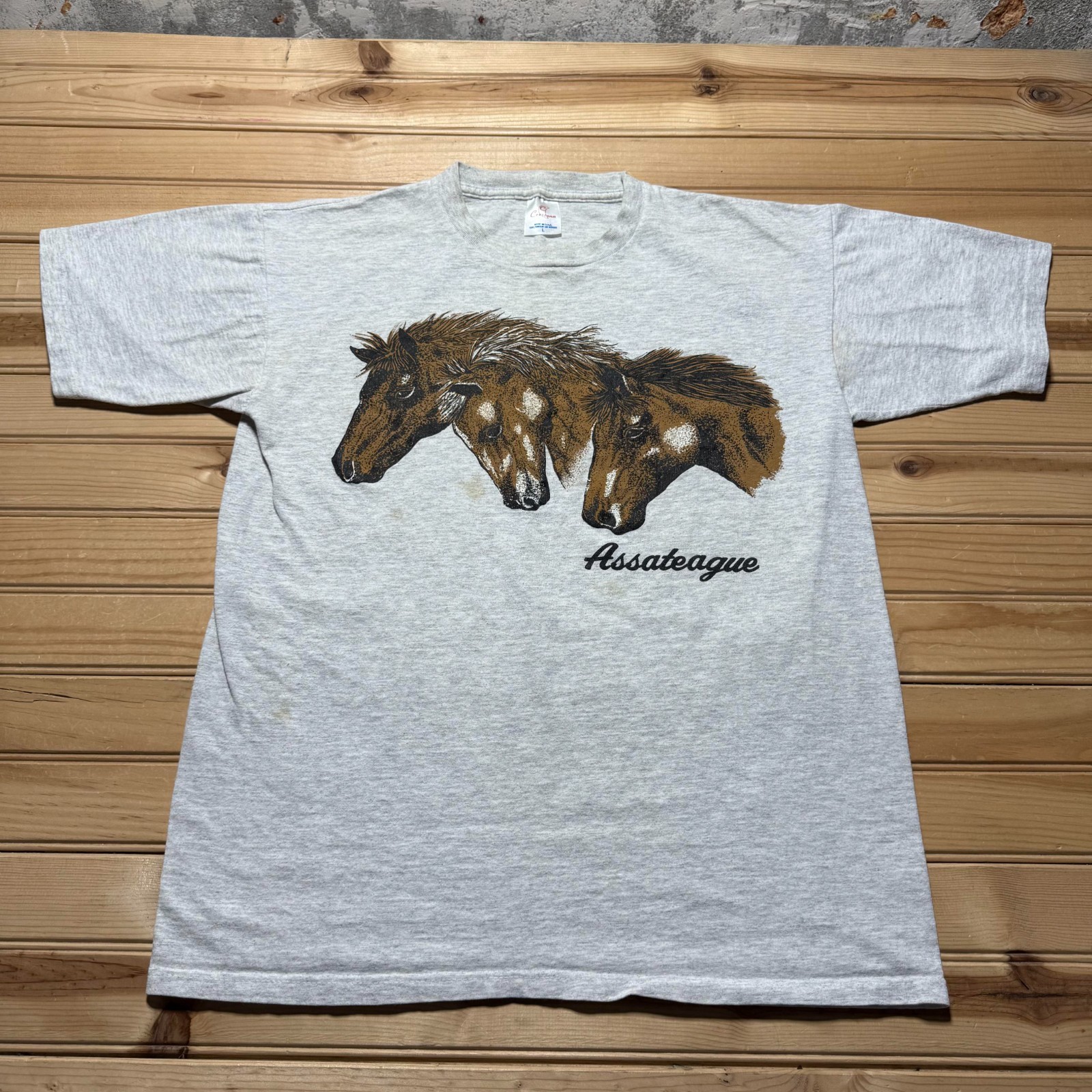 Vintage 90s Assateague Wild Horses Heather Graphic T-Shirt USA Made - Size Large