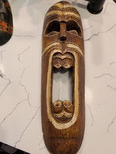 Hand-Carved Wooden Tribal Tiki Mask Vintage Wall Decor Folk Art