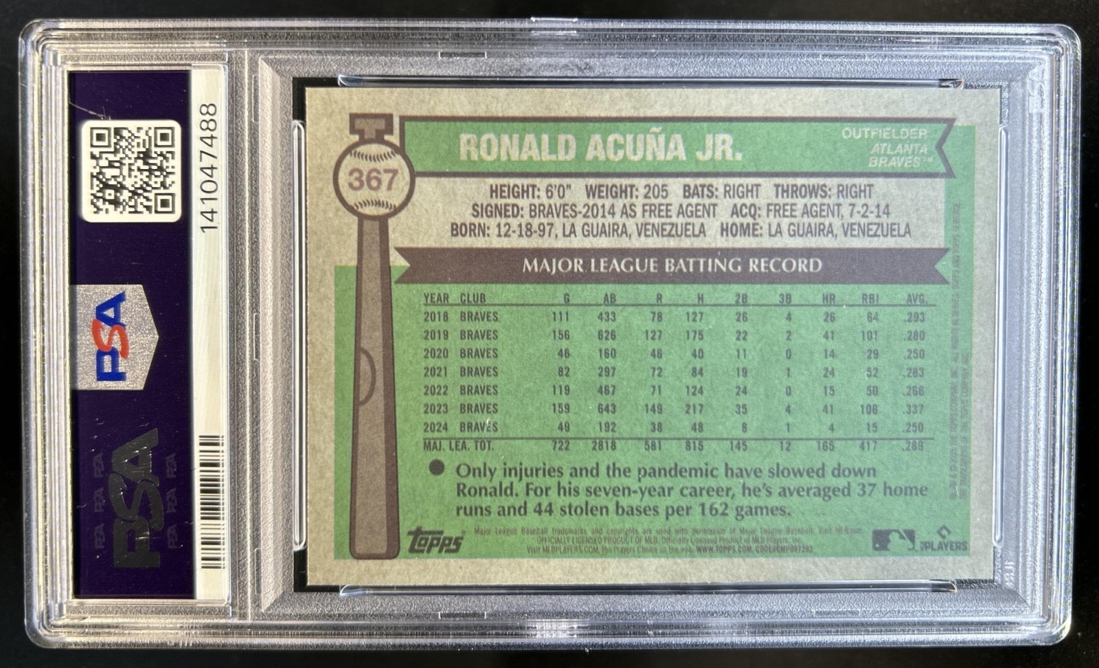 2025 Topps Heritage Ronald Acuna Jr. Chrome Black Refractor #/76 Braves PSA 9 view 2
