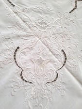 Exquisite beige hand embroidered tablecloth with cutwork. 68" 102"