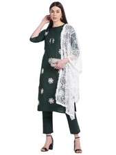 GoSriKi Women's Cotton Blend Straight Embroidered Kurta with Pant  Dupatta ...