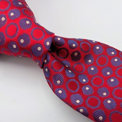 CANALI 1934 Shiny Ruby Red Blue Dots Textured Thick Woven Silk Tie Recent Italy