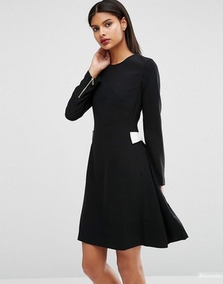 NWT $295 Ted Baker Emorly Side Bow Dress Women's 4 Black White Effortless Style